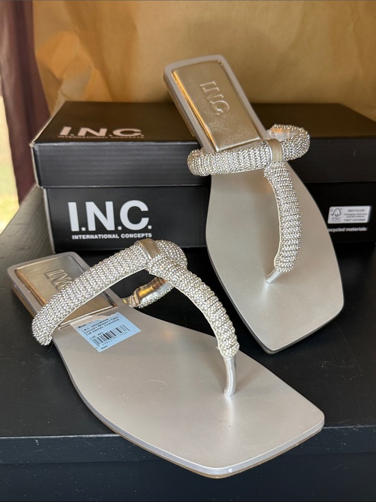 INC International Concepts Shoes - INC International Concepts Silver Jeweled T-Strap Sandals